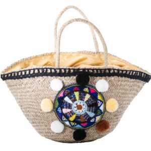 Χειροποίητη Ψάθινη Τσάντα με Πομπόν & Κεντητό Μοτίβο MCA.030