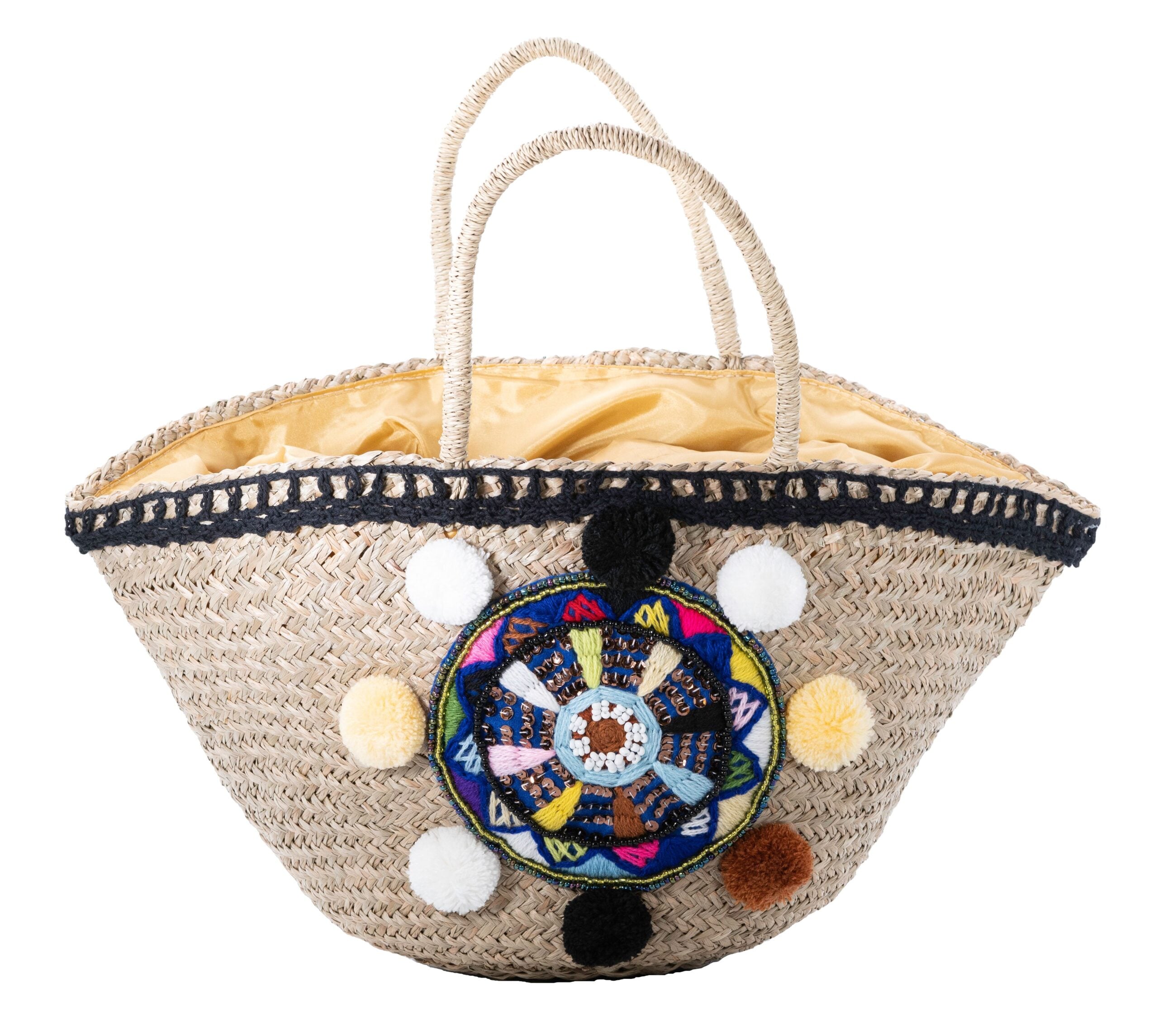 Χειροποίητη Ψάθινη Τσάντα με Πομπόν & Κεντητό Μοτίβο MCA.030