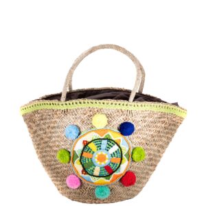 Χειροποίητη Ψάθινη Τσάντα με Πομπόν & Κεντητό Μοτίβο MCB.030