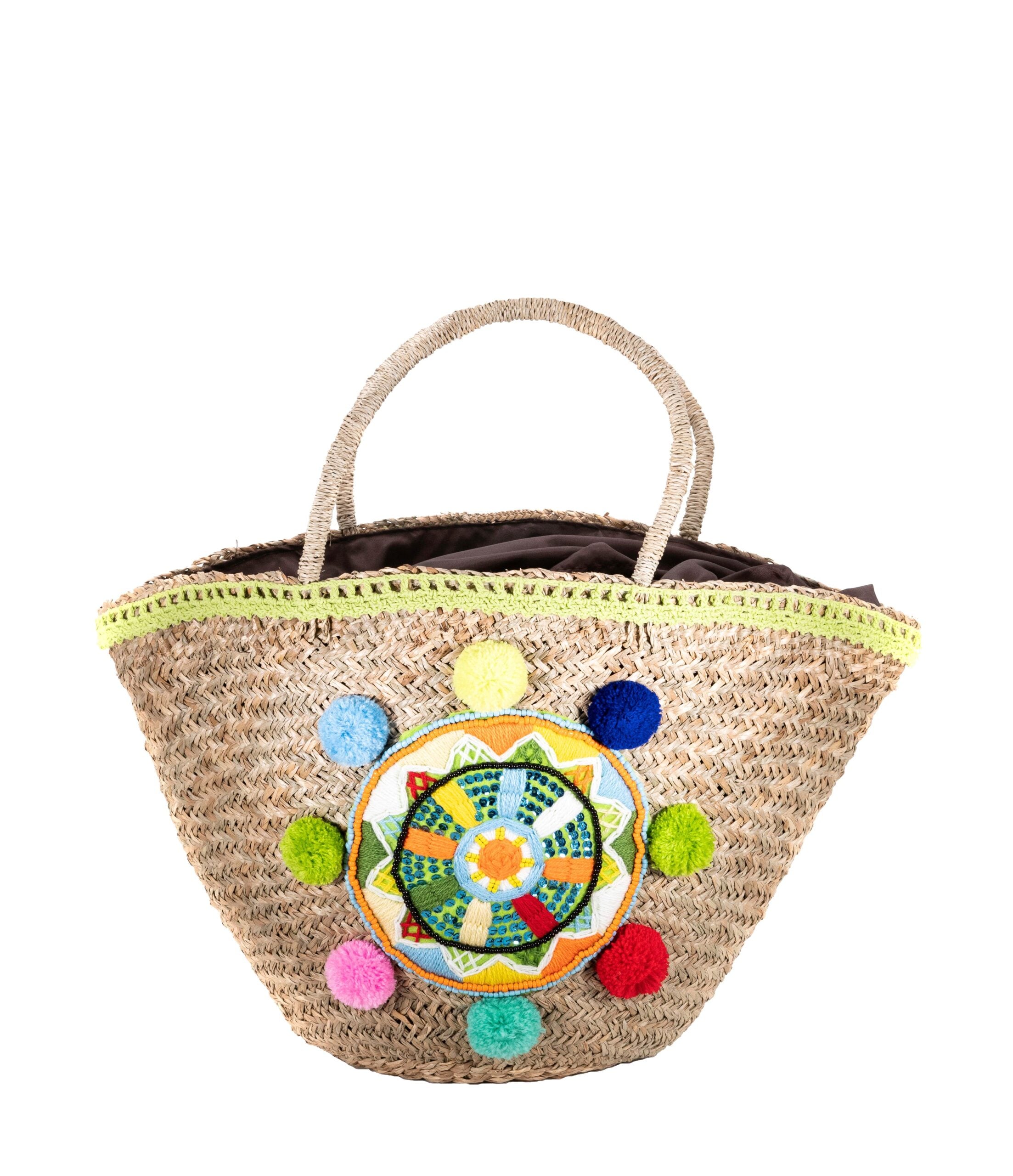 Χειροποίητη Ψάθινη Τσάντα με Πομπόν & Κεντητό Μοτίβο MCB.030