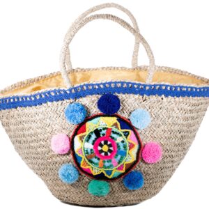 Χειροποίητη Ψάθινη Τσάντα με Πομπόν & Κεντητό Μοτίβο MCC.030