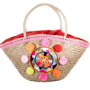 Χειροποίητη Ψάθινη Τσάντα με Πομπόν & Κεντητό Μοτίβο MCD.030