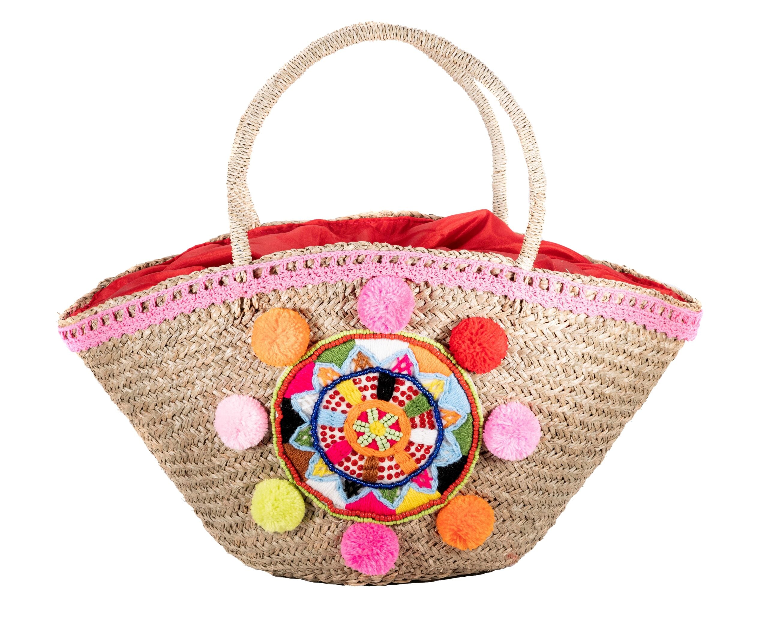 Χειροποίητη Ψάθινη Τσάντα με Πομπόν & Κεντητό Μοτίβο MCD.030