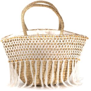 Χειροποίητη Ψάθινη Τσάντα με Πλεκτή Διακόσμηση και Κρόσσια NBB.31