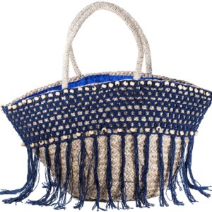 Χειροποίητη Ψάθινη Τσάντα με Πλεκτή Διακόσμηση και Κρόσσια NBC.31